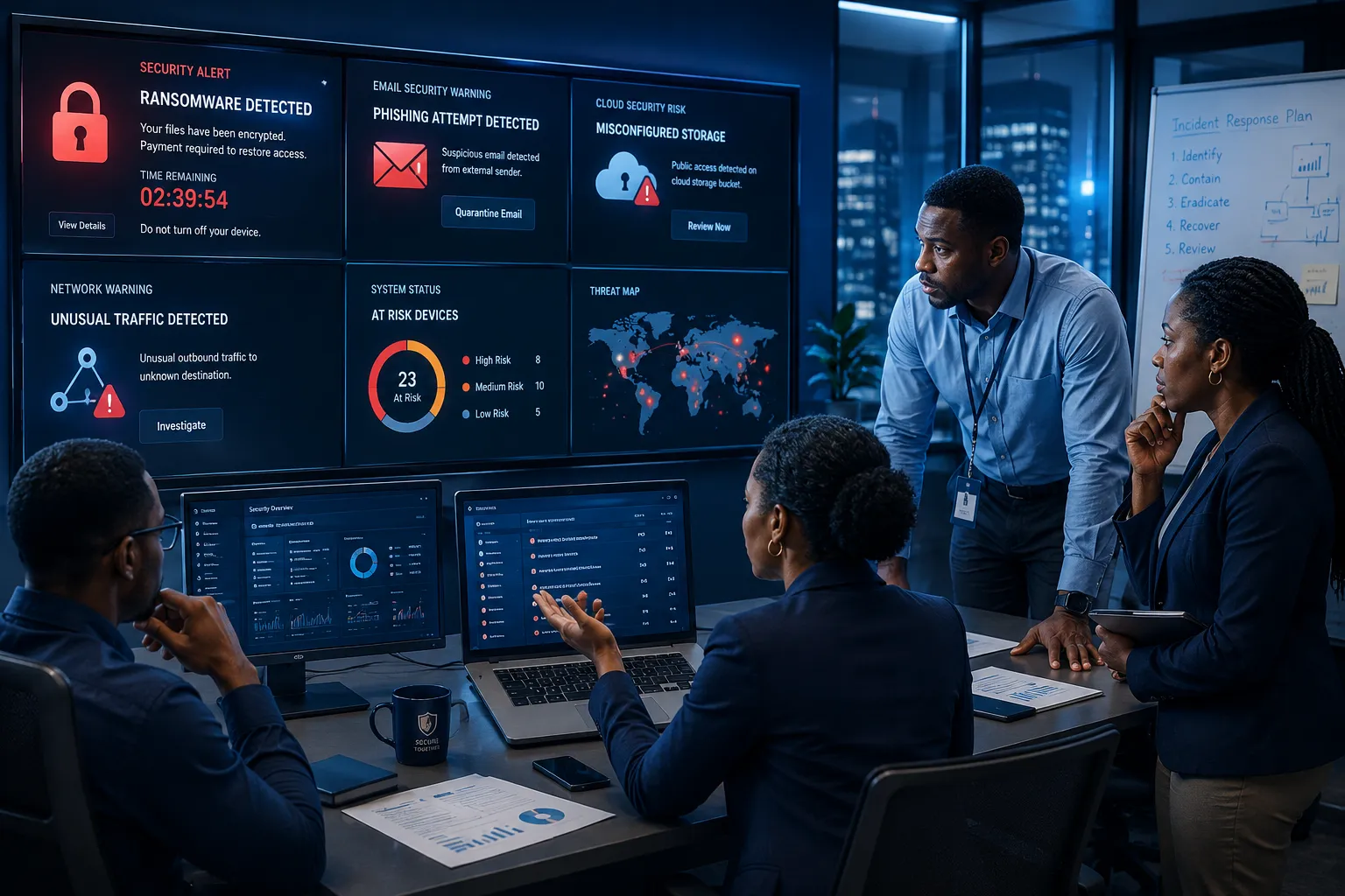 Cybersecurity team responding to ransomware, phishing, cloud security, and network threats
