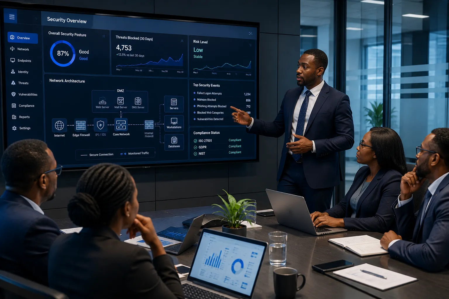 African cybersecurity consultant presenting a security risk review and network architecture findings to a business leadership team