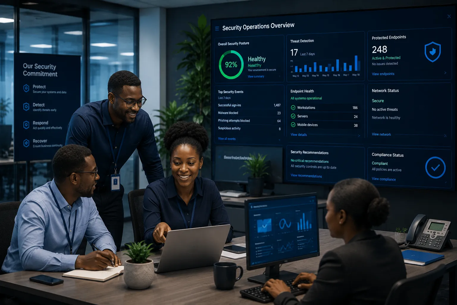 African IT security professional collaborating with a business team beside a healthy cybersecurity dashboard showing protected endpoints and secure network operations