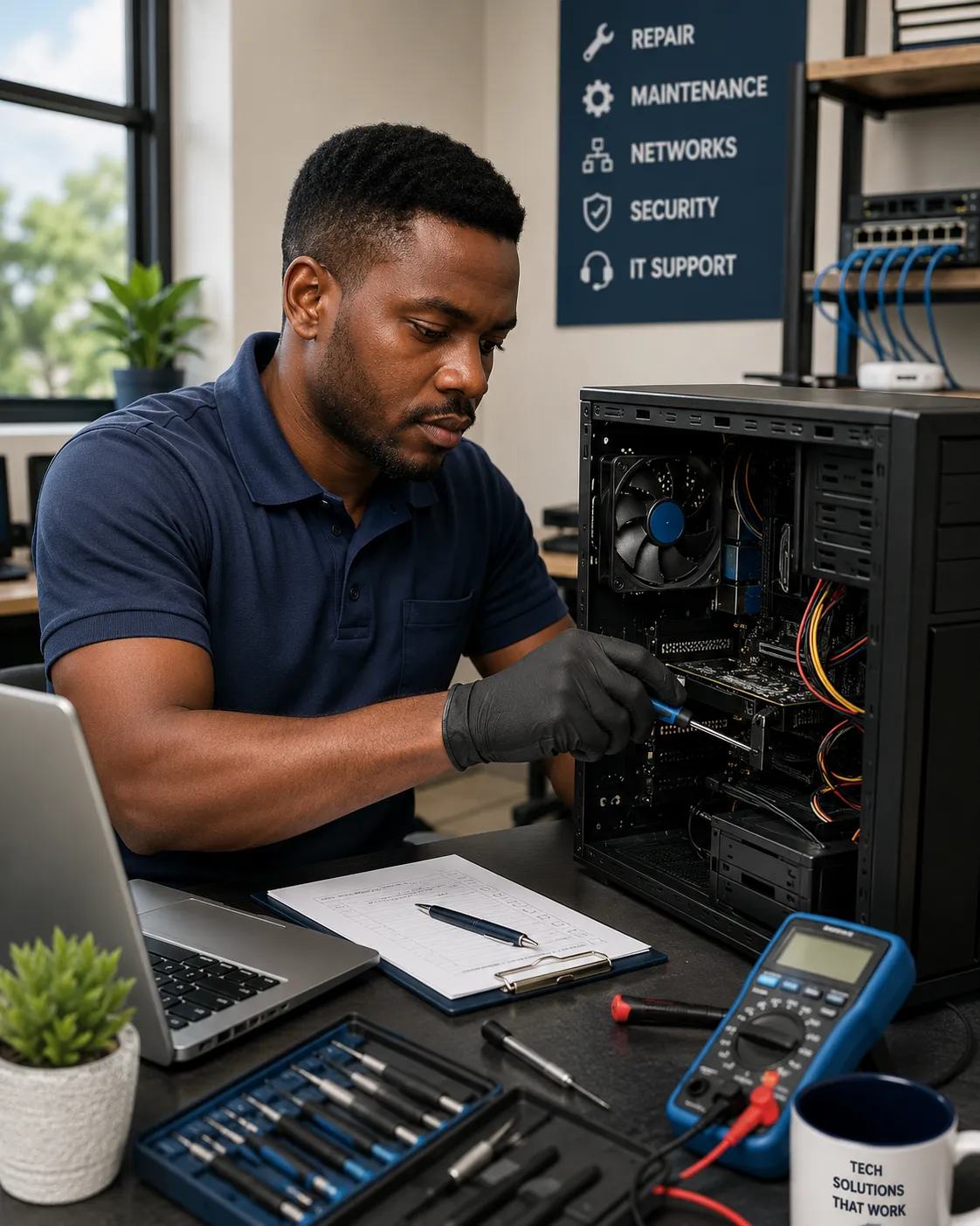 Professional technician providing computer repair and technical support in Uganda