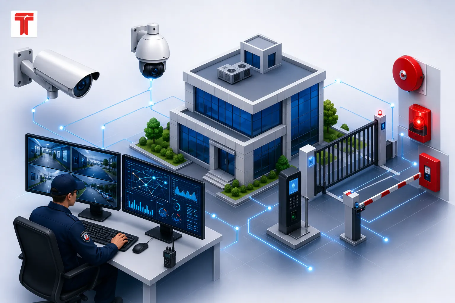 Integrated security solutions illustration showing a modern office building with CCTV cameras, access control gate, fire alarm systems, security monitoring dashboard, and security operator for Security Solutions Uganda.
